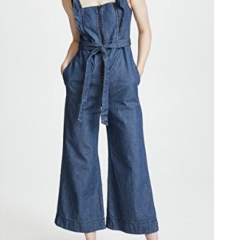 Free People Blue Denim Ruffles Sun Valley Wide Leg Jumpsuit